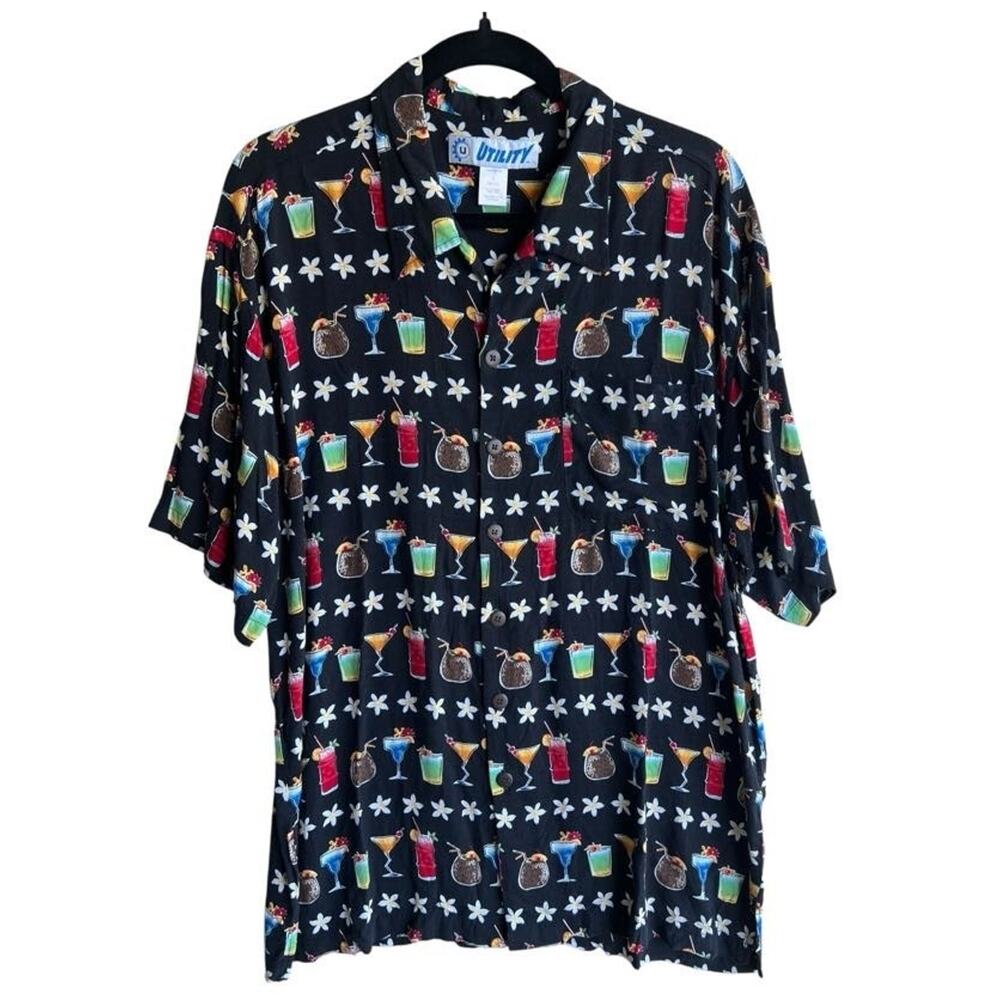 Utility Vintage Men's Button Up Shirt Cocktail Hawaiian Camp Black Size Large
